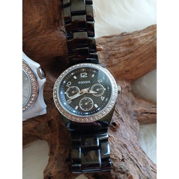 FOSSIL Women's Stainless Steel Rhinestone Face Lot of 2 Watches White/Black - Picture 3 of 8